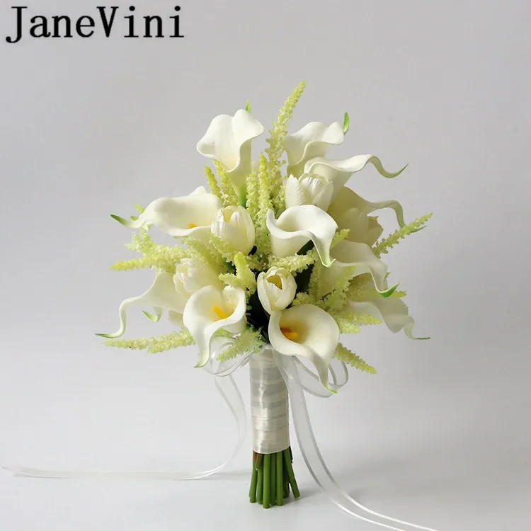 JaneVini Branco Marfim Damas de Honra Bouquets Artificial Coréia do Lírio de Calla de Casamento Flores De Seda Mão Buquê de Noiva Da Dama de honra 2019