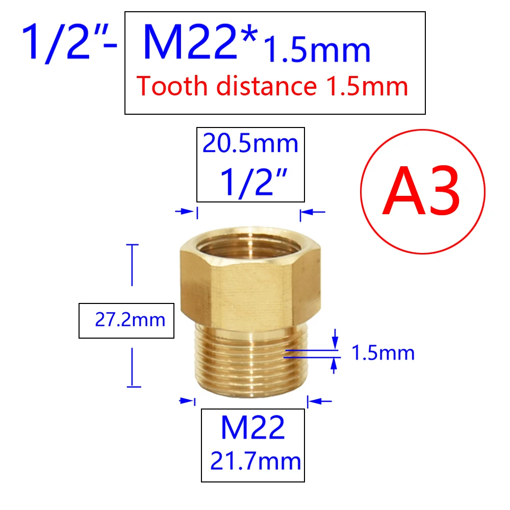 Brass 3/8 1/2 Inch M22 M14 M18 Threaded Connector Water Tap Copper Metal Threaded Water Pipe Coupler Faucet Adaptor 1pcs