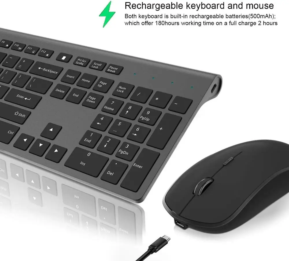 Wireless keyboard and mouse, 2.4G stable connection rechargeable battery, ergonomic, office home, laptop,  gray,Adjustable DPI