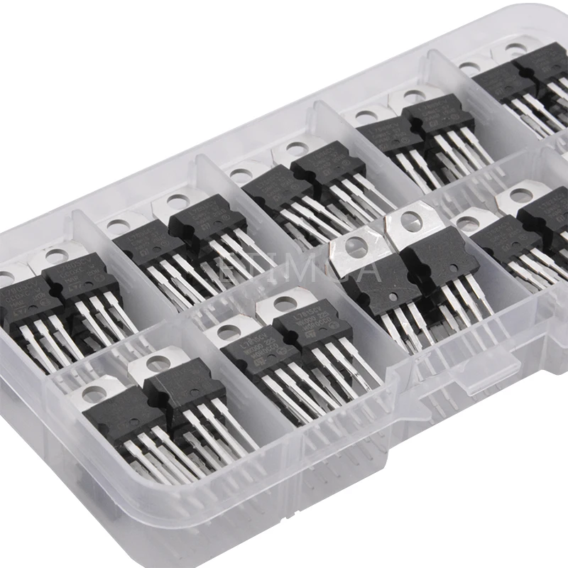 50PCS LM317T L7805 L7806 L7808 L7809 L7810 L7812 L7815 L7818 L7824 Transistor Assortment Kit Voltage Regulator Box  Each 5pcs