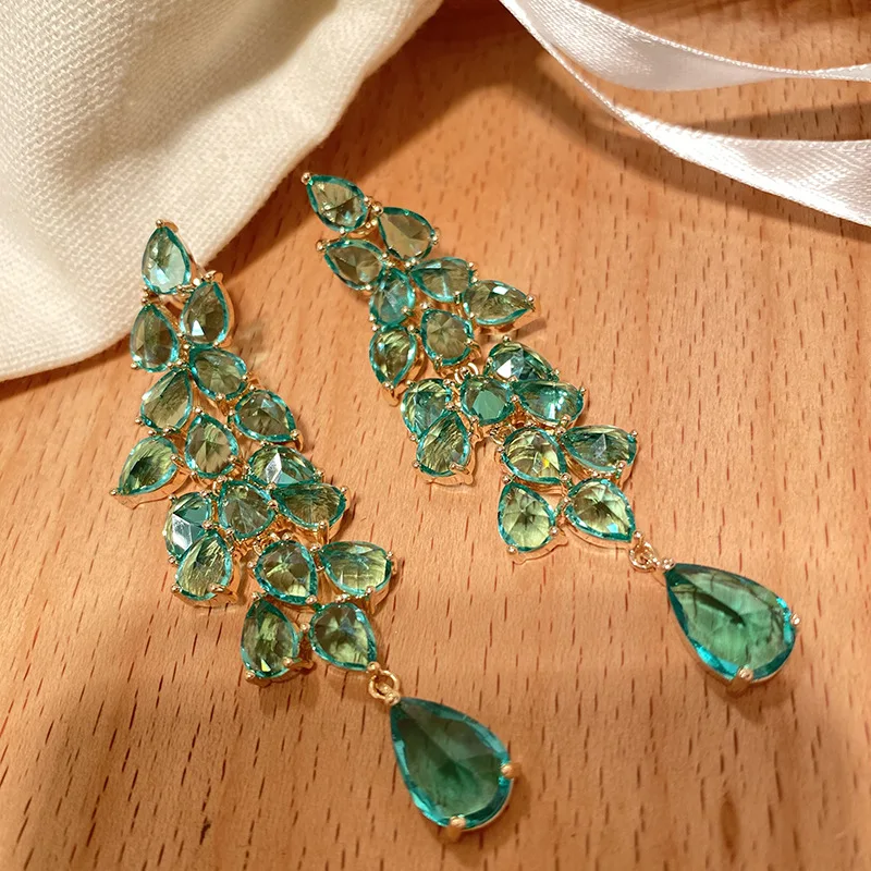 Personality Vintage Crystal Dangler Earrings Jewelry Luxury Gold /Silver Color Green CZ Leaf Tassels 7cm Long Earrings for Women