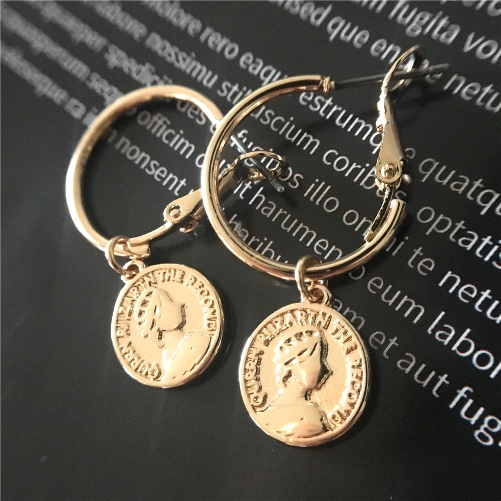 Cute Coin Pendant Hoop Earrings Gold Color Small Coin 20mm Hoop Earrings Mini Ear Piercing Dangle Earrings