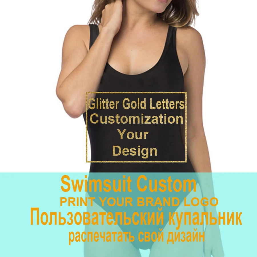 Women Beachwear Print Your OWN Design Brand Logo/Picture Glitter Gold Letter Custom One Piece Swimsuits Bathing Suit Bikini