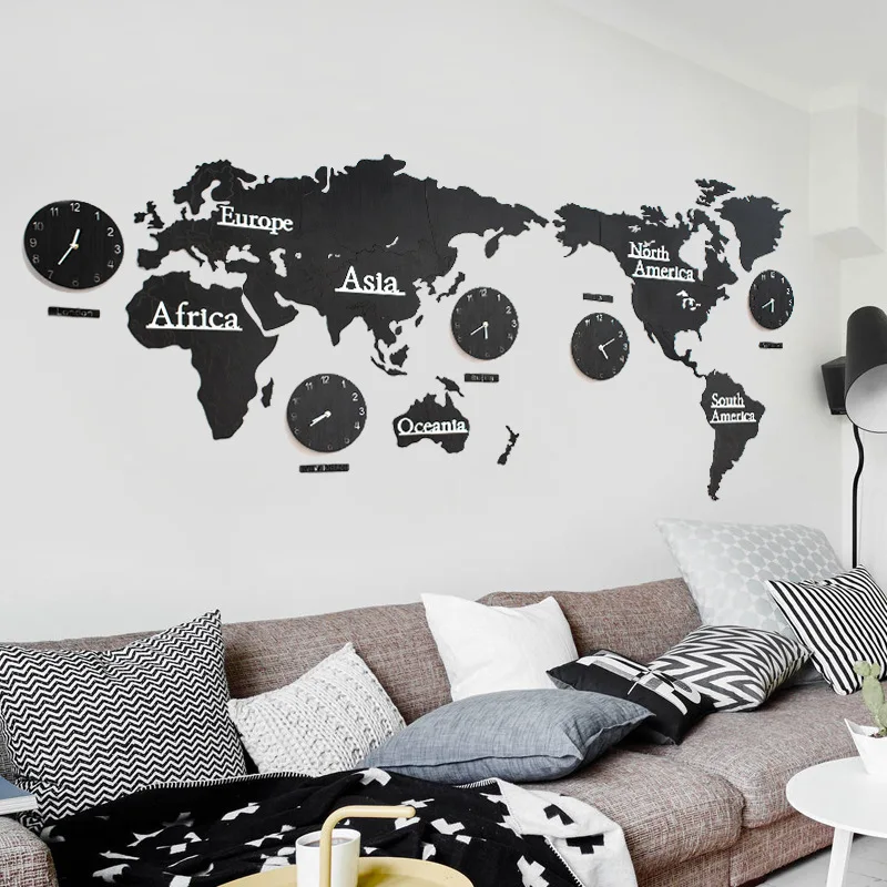 3D World map Wall clock Creativity Living room Hang decorations Digital wall clock Oversized Wood wall clock modern Home Decor