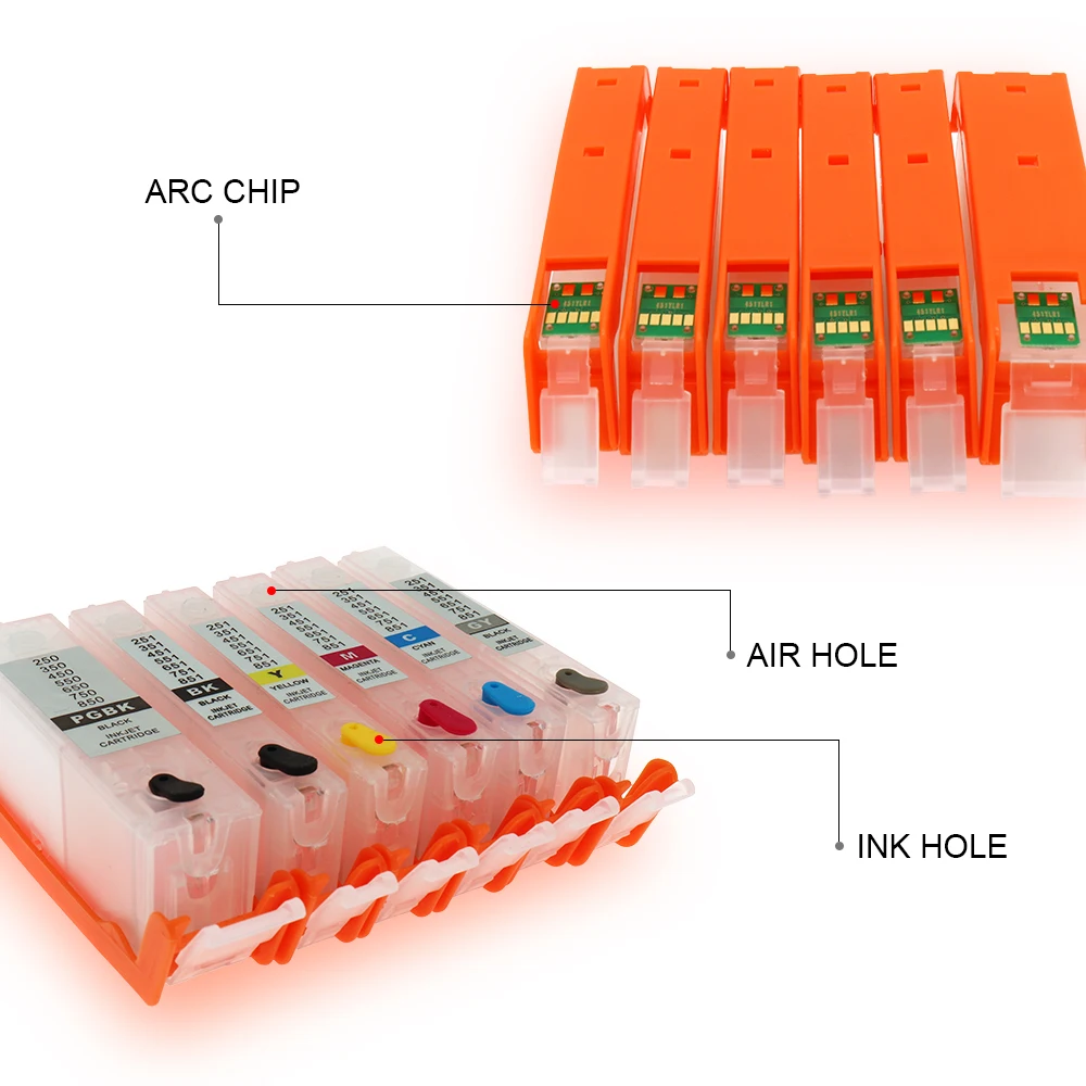 OYfame 6PCS PGI-550 CLI-551 Ink Cartridge For Canon MG6350 MG7150 MG7550 IP8750 refillable ink cartridge with ARC chip