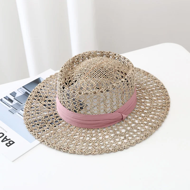 2021 New Flat top Raffia Ribbon straw hat Summer women\'s caps pearl beach sun hats Solid color Broken edge fashion Solid color