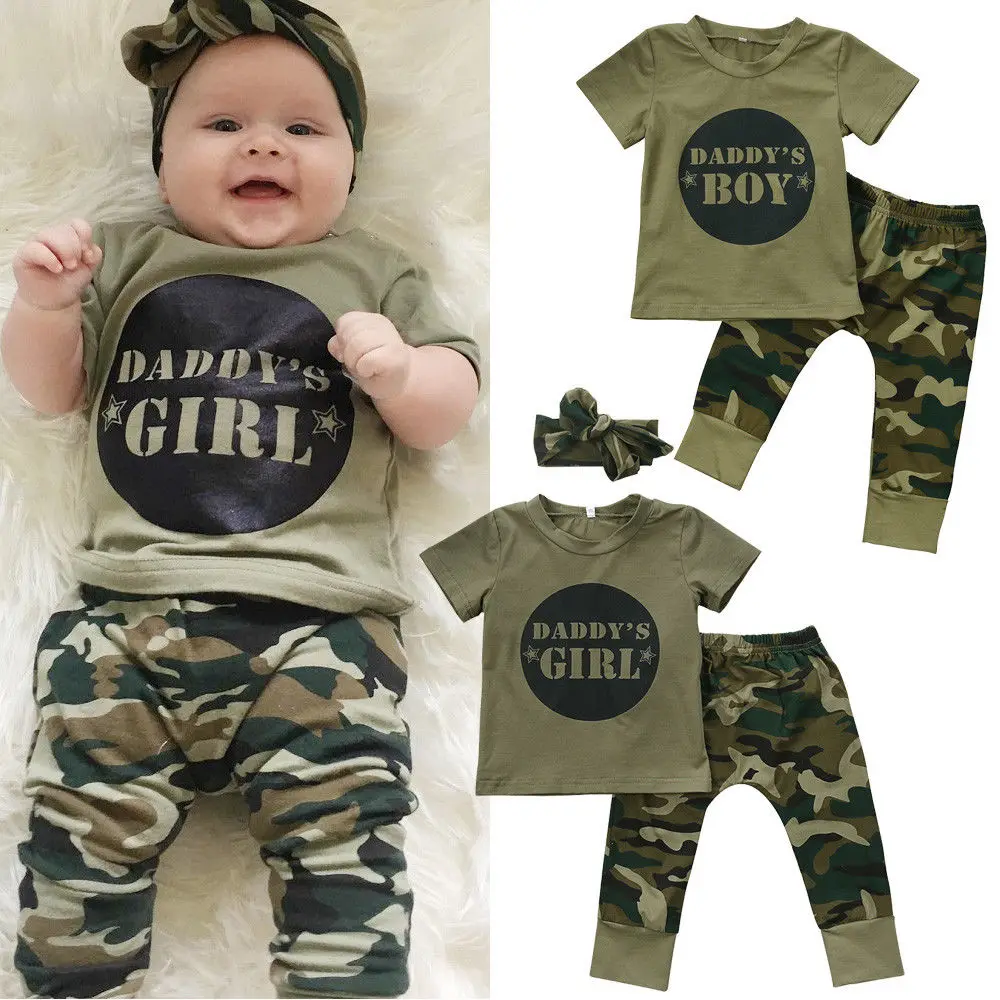 

Children Clotes USA Newborn Baby Boy Girls Camo T-shirt Tops Long Pants Outfits Set Clothes 2Pcs