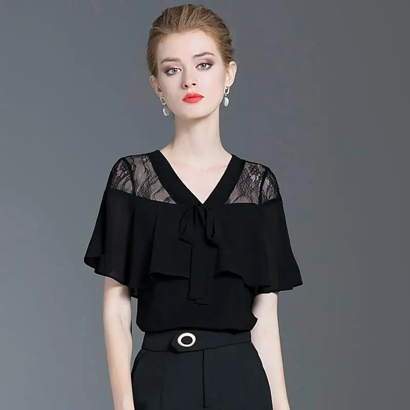 

French Style Retro Women Chiffon Black Blouses Shirts Short Sleeve Fashion V-Neck Bow-Knot Lace Loose Tops BlusasMM0209