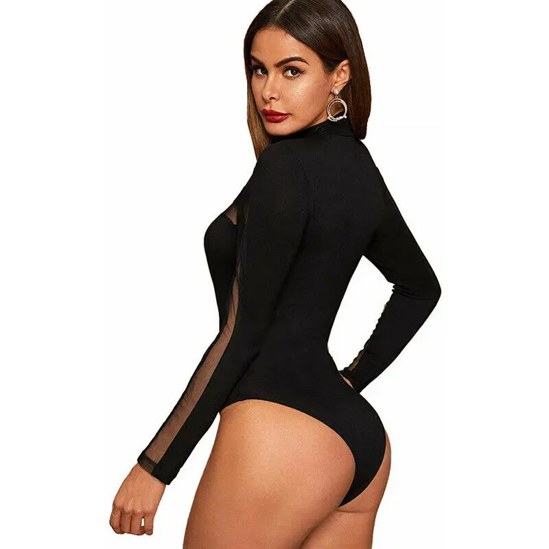 Fashion Trend Women Sexy Mesh Sheer Bodysuit Ladies Long Sleeve Leotard Tops Jumpsuit Summer Mesh Clothing