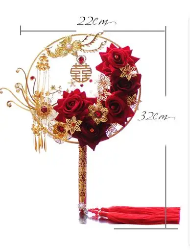 Bouquet de mariée de Style chinois, fleur rouge, bijoux en or, éventail traditionnel de mariée avec poignée à pompon, fait à la main, cadeau de mariage pour la mariée