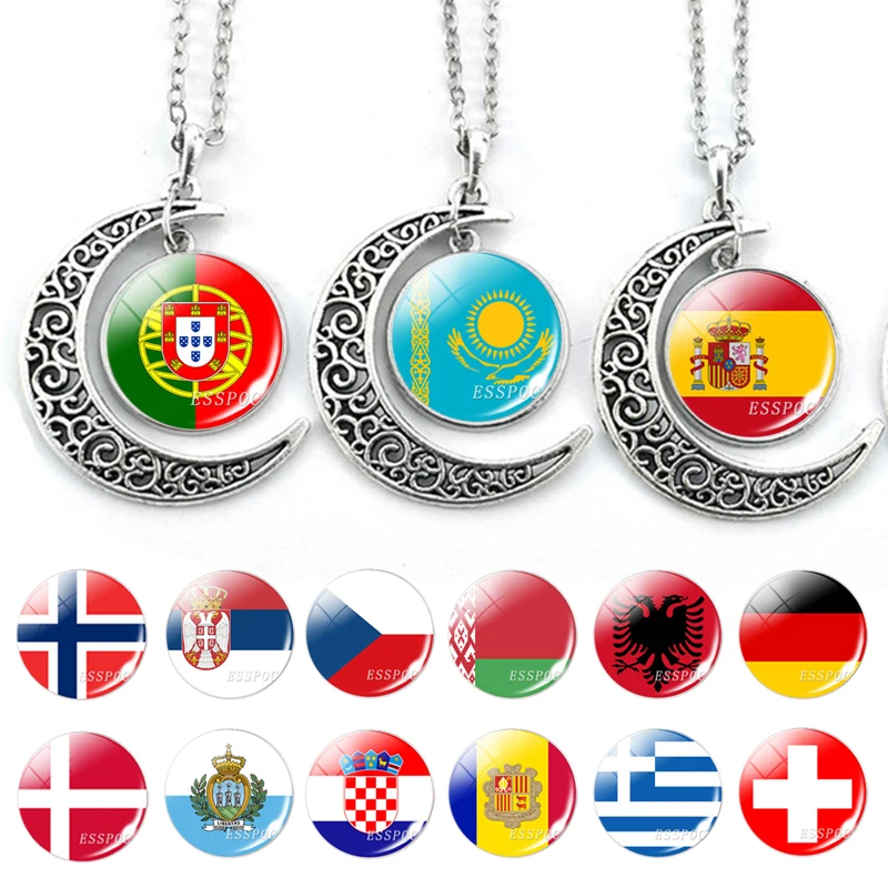 Crescent Moon Pendant Europe Countries National Flag Necklace Glass Cabochon Greece Spain Belarus Sweden Flag Jewelry for Women