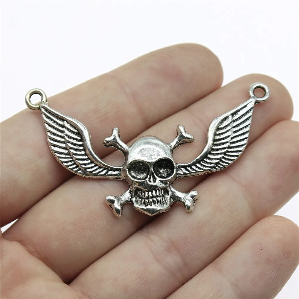 

Wholesale 30pcs/bag 55x32mm Skull With Angel Wing Connector Charms Wholesale Antique Silver Color Pendant Charms Wholesale