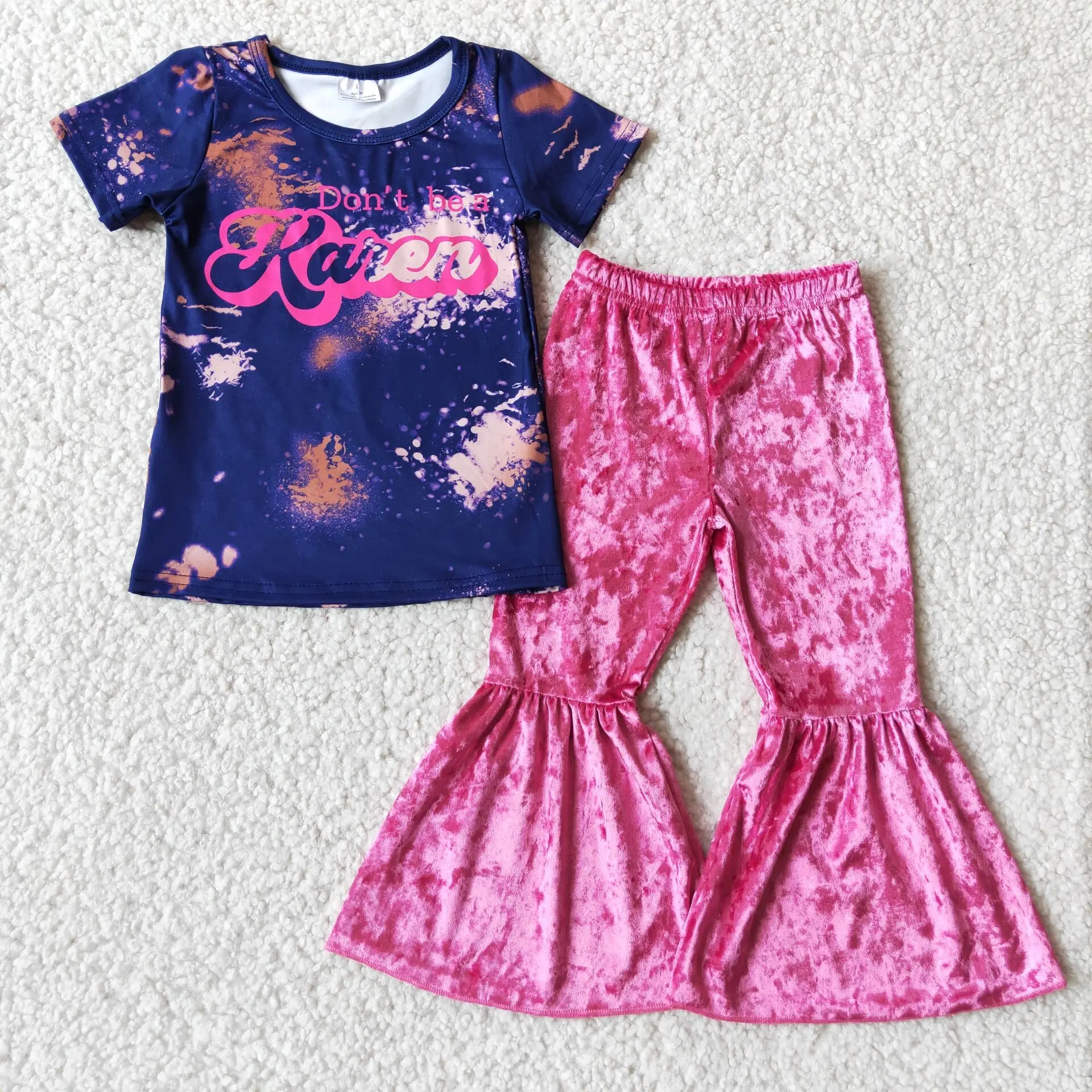 

Fashion girl velvet bell pants short sleeve suit blue tie-dye top pink bell pants girl boutique clothing suit design