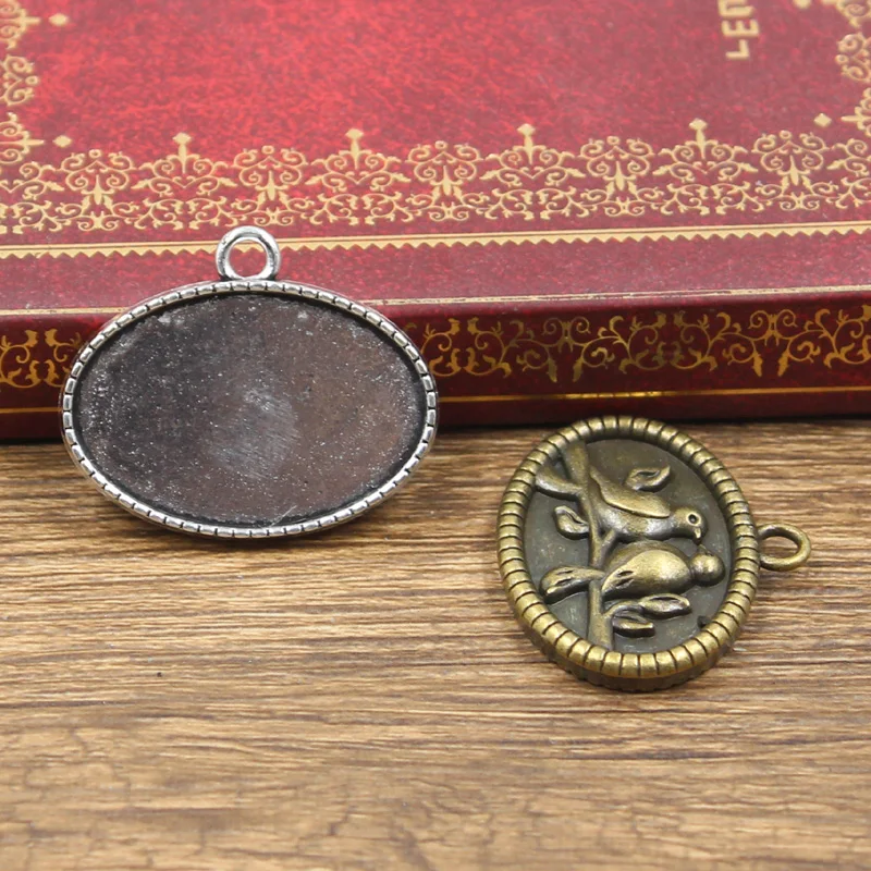 4szt Fit 30x20mm Oval Lover Bird Sroka Glass Cabochon Base Setting Antique Bronze Silver Color Pendant For DIY Making