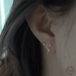 925 Sterling Silver Japanese Star Cross Stud Earrings For Women Romantic Sweet 14k Gold Plating Jewelry Does Not Fade Gift