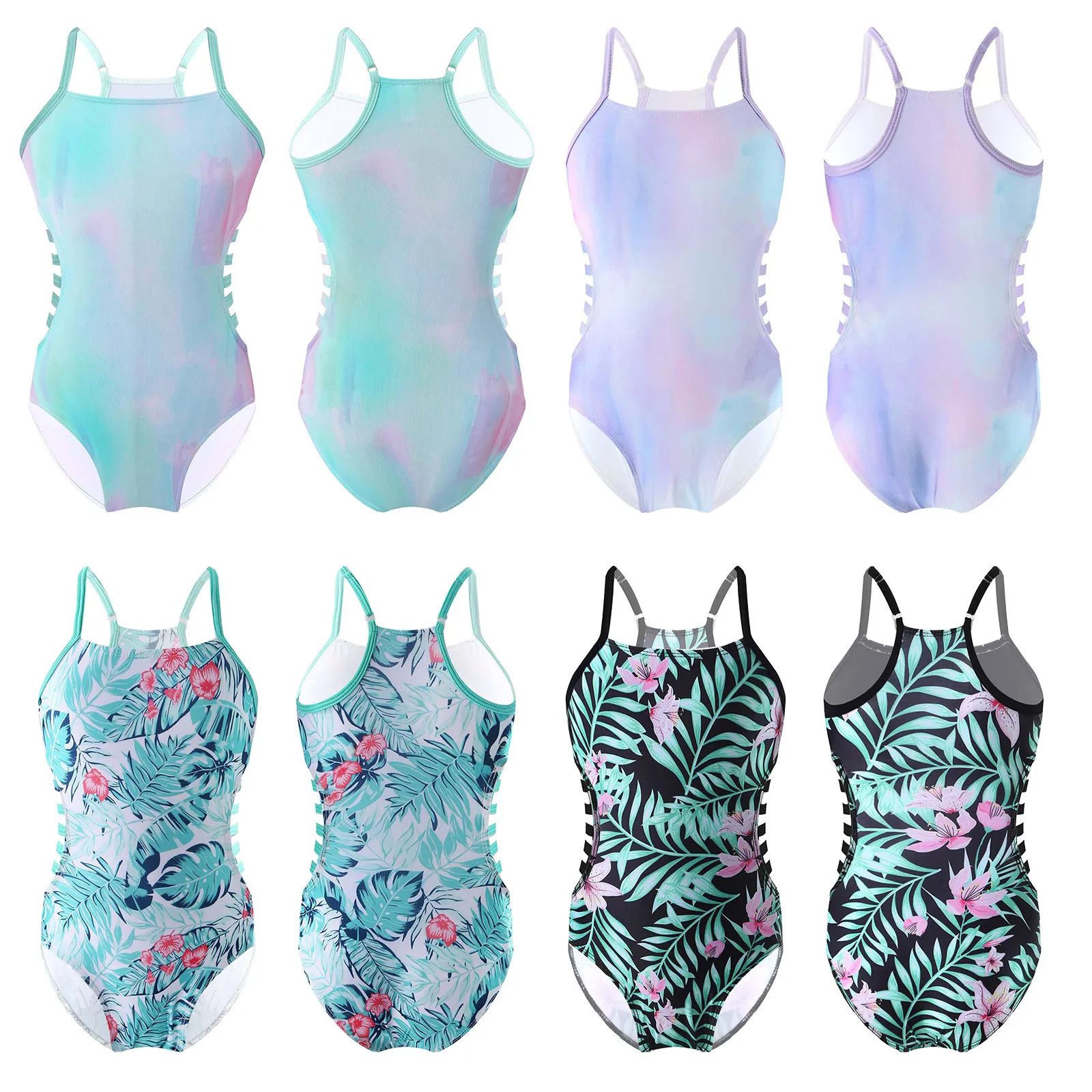 Summer Kids Girls One-Piece Leotard Swimwear Adjustable Straps Hollow Out Side Print Bodysuit For Beach Pool Swimming Bathing