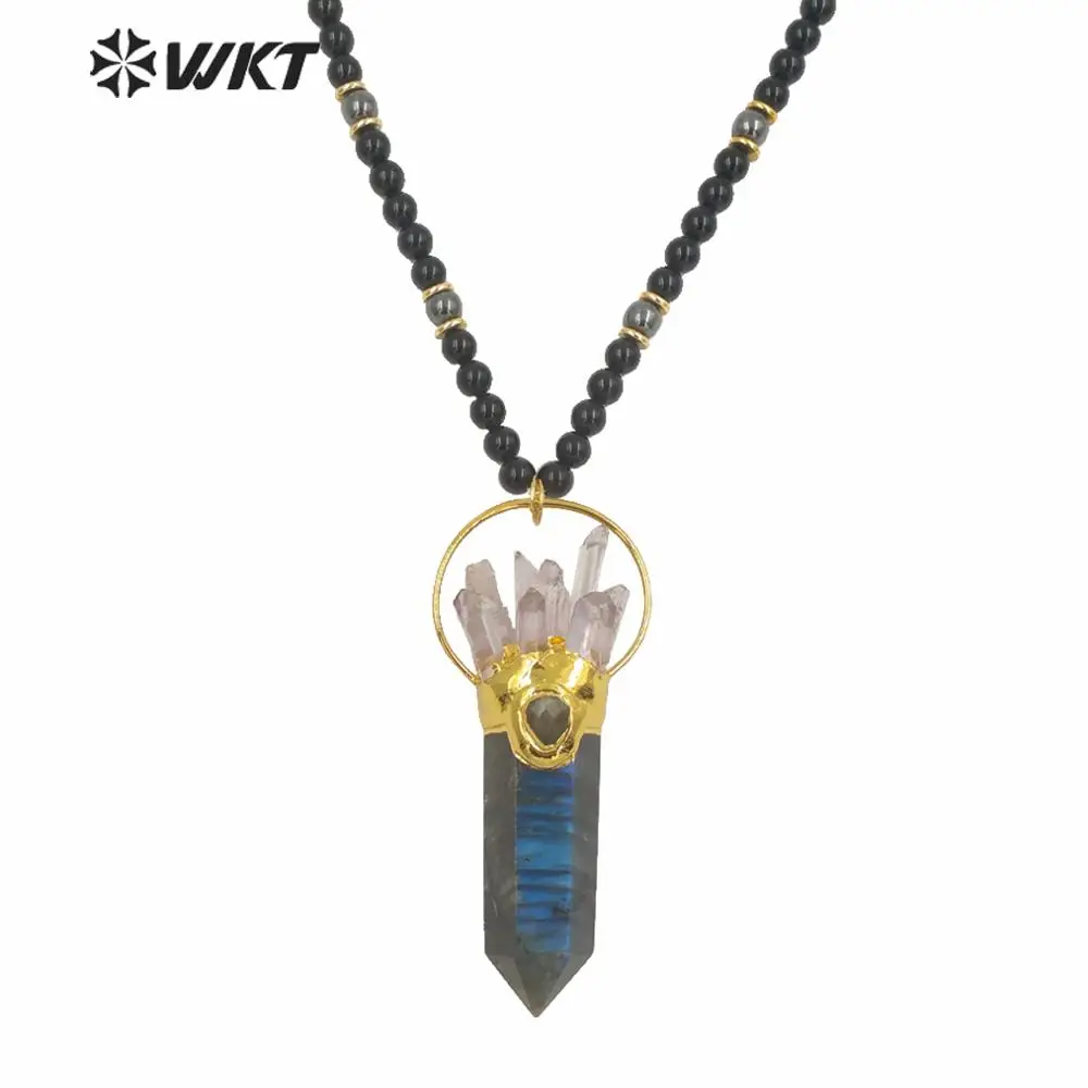 WT-N1244 Wholesale natural long women black a-gate spirit labradorite pendant necklace gold gorgeous big chunky stone necklace