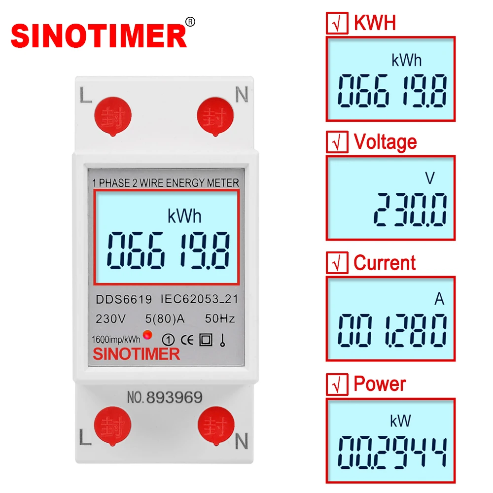 Single Phase Two Wire LCD Digital Display Wattmeter Power Consumption Energy Electric Meter kWh AC 230V 50Hz Electric Din Rail