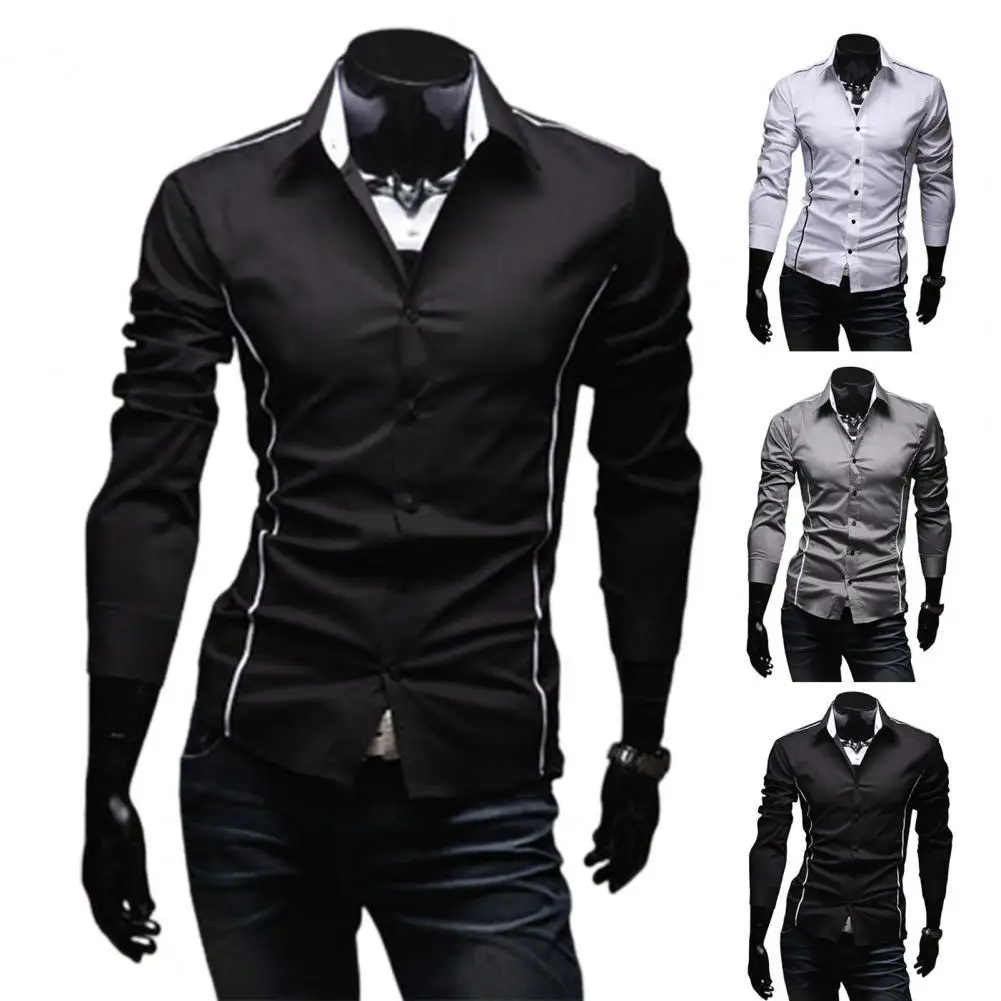 Men Shirt Contrast Colors Turn-down Collar Single-breasted Slim Spring Shirt for Work