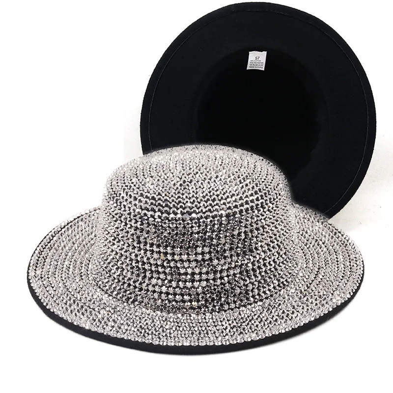 

Full Diamond Adjustable Flat top Fedora Hat Bling Rhinestone Panama Women Men Wide Brim Felt Jazz Hats wholesale Summer Winter