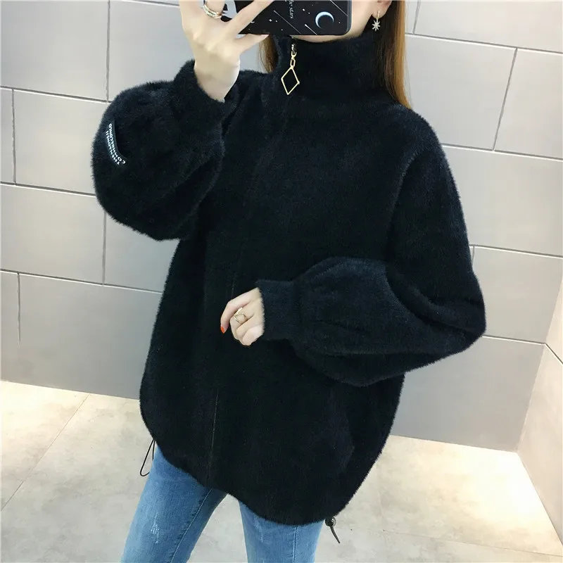 Winter Thick Faux Mink Cashmere Turtleneck Knitted Sweater Women Cardigan Loose High Collar Long Sleeve Knit Jacket Coat Female