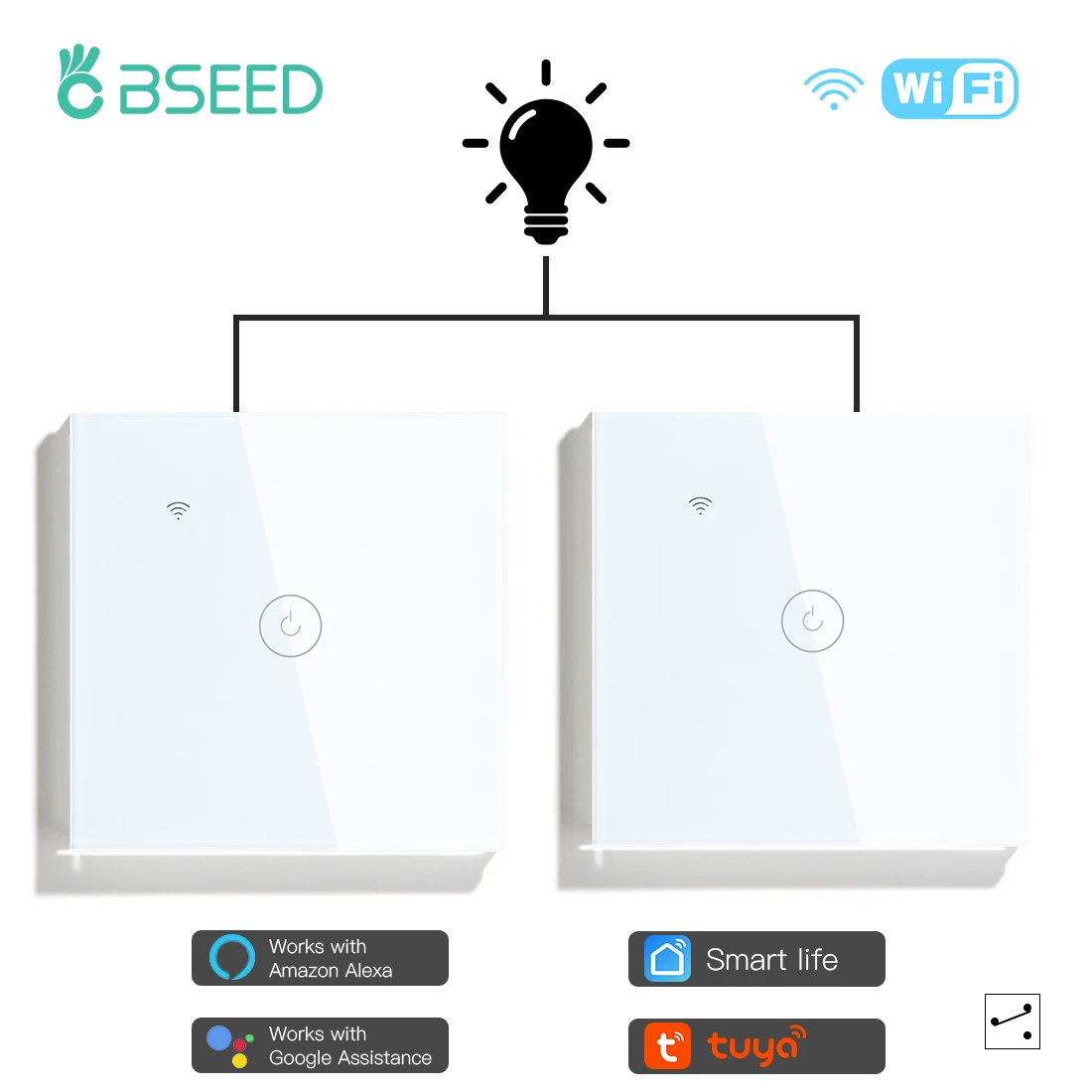 Bseed Crystal Glass Panel Switch Wifi Light Switches 2packs 1Gang/2Gang 1/2/3/4 Way Tuya Smart Life Wireless Voice Control