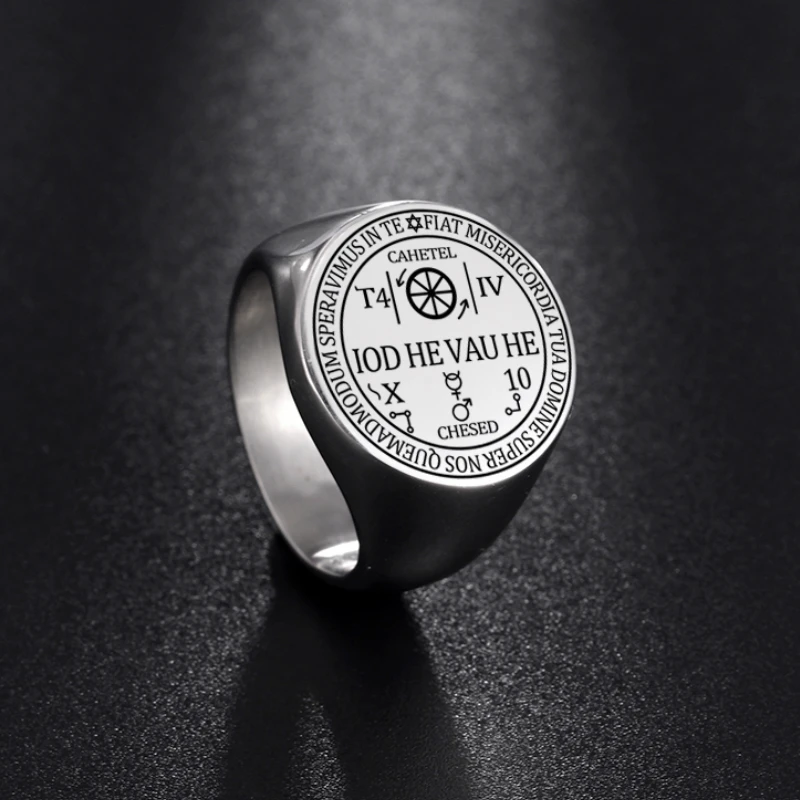 Archangel Cahetel Fortune Seal Iod He Vau He Solomon Kabbalah Amulet Rings for Men Viking Stainless Steel Men's Signet Ring Punk