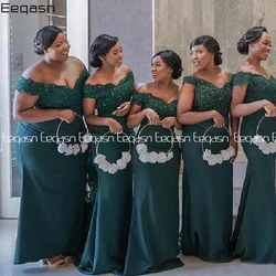 Eeqasn Off The Shoulder Dark Green Bridesmaid Dress Mermaid Appliques Satin Long Maid Of Honor Dresses Guest Robe De Soiree