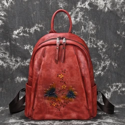 Genuine Leather Women Backpack Cowhide Female Girl Travel Bag High Quality Vintage Coffee Red Black Flower Pattern M80055