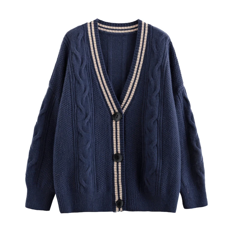 OUMENGKA Oversized Knitted Cardigans Women Harajuku Blue Sweater Autumn Winter 2021 Korean Tops Casual Vintage Beige Warm Coat