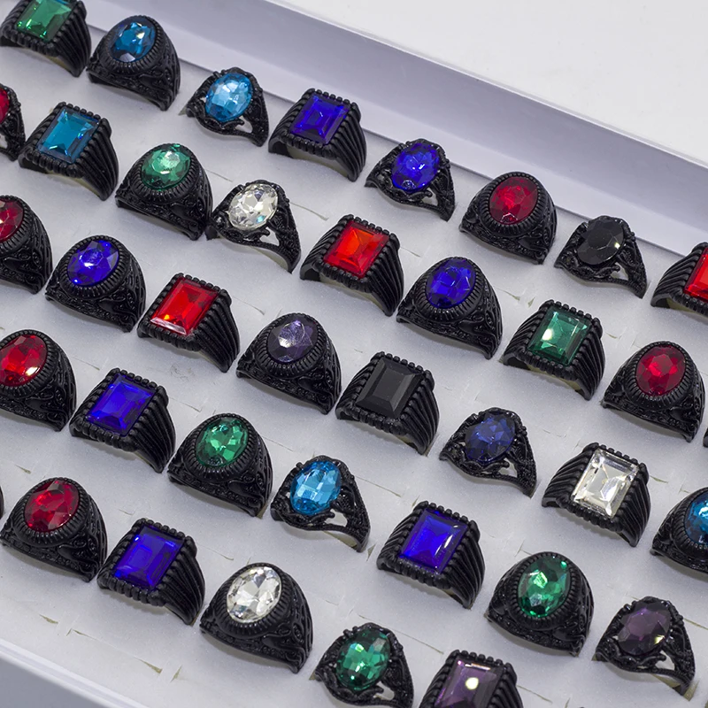 Wholesale Bulk Lot 20pcs Glass Gem Metal Black Not Fade Jewelry Rings For Men Women Mix Style