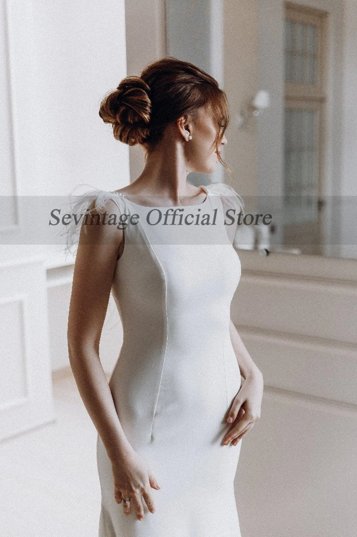 Sevintage – robe de mariée sirène en Satin doux, dos nu, avec plumes et perles, grande taille, sur mesure, 2021