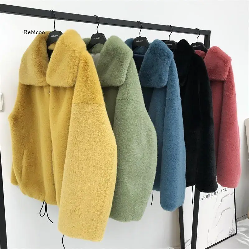 

Faux fur coat thickening autumn winter coat casual women's jacket faux rabbit fur coat Solid Overcoat Female Plush Jacket