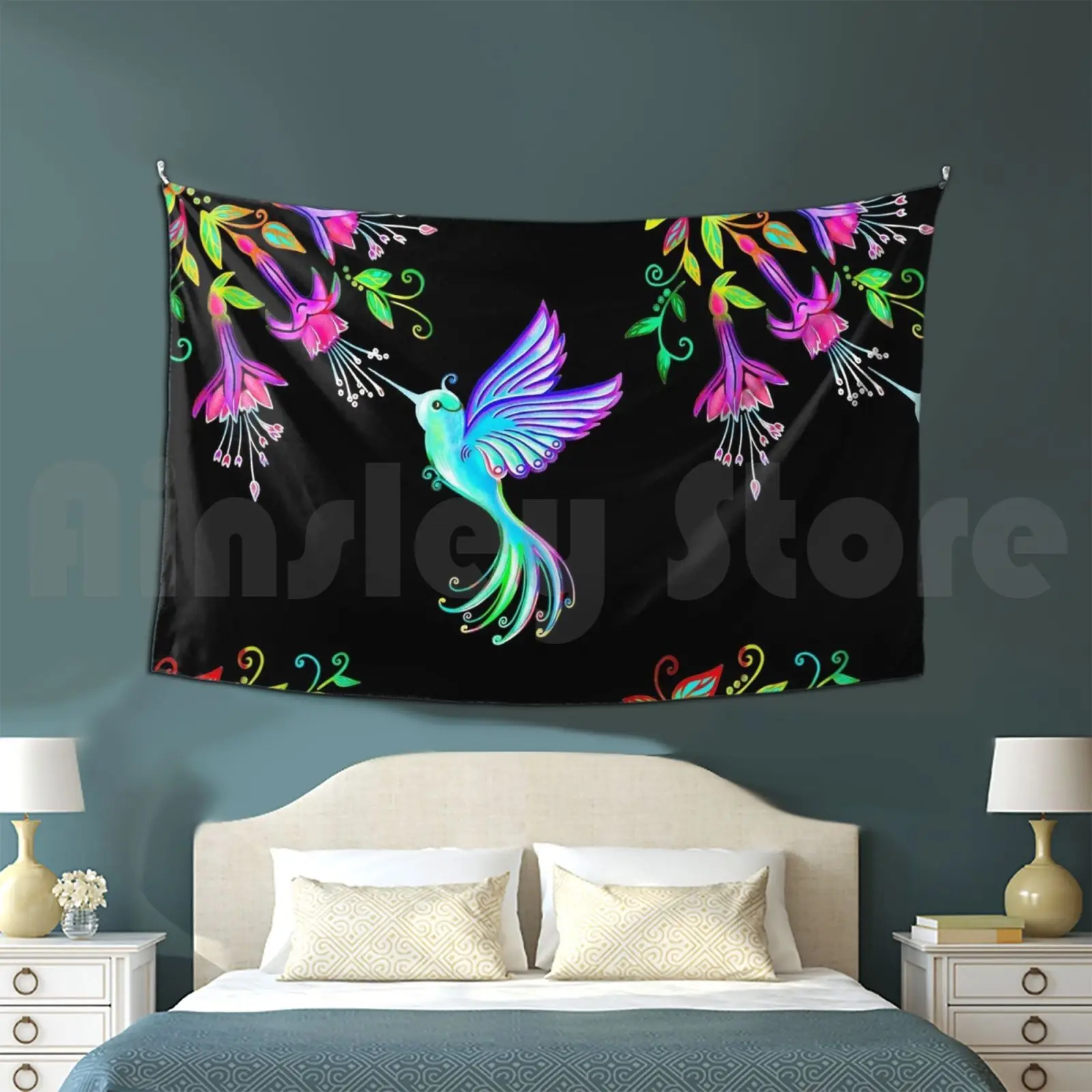 Hummingbird With Flowers , Rainforest Blossoms , Fuchsia Tapestry Background Wall Hanging Hummingbird Bird Animal Flower