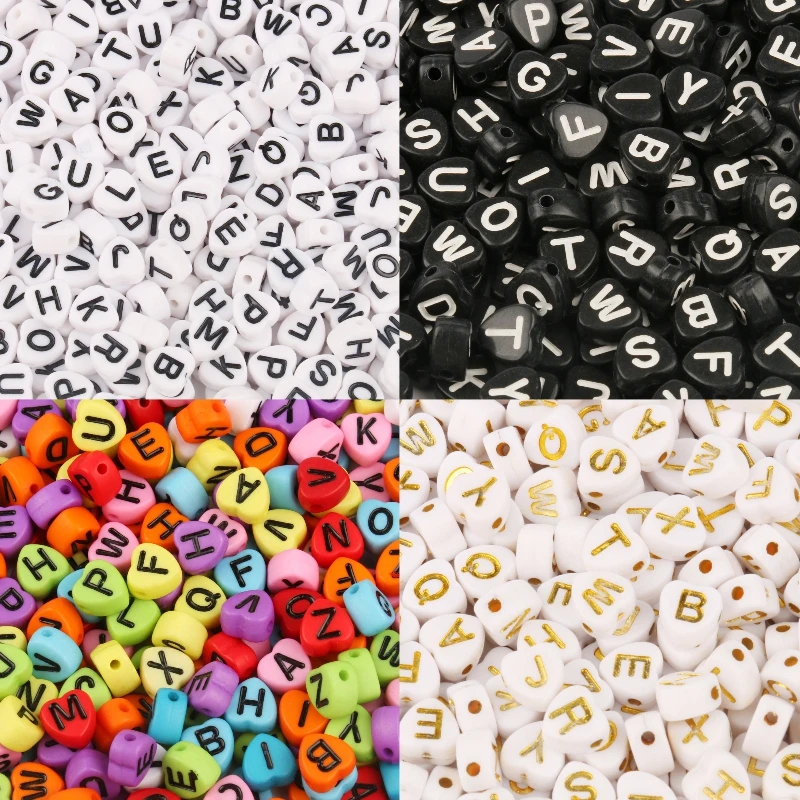 200/300/500pcs Mixed Heart Shape White Gold Color Letter Beads Alphabet Beads Acrylic Beads for Jewelry Making DIY Accessories