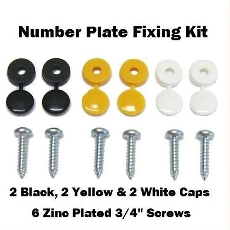 New High Quality 6Pcs Car Number Plate Fixing Fitting Kit Screws And Caps Convenient Durable Black White Yellow Caps#294009