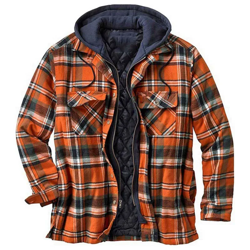 Men\'s Winter Jacket Parkas Casual Plaid Long Sleeve Hooded Cotton-Padded Jacket Men Fake Two-Piece Warm Parka Men 5XL Men\'s Coat