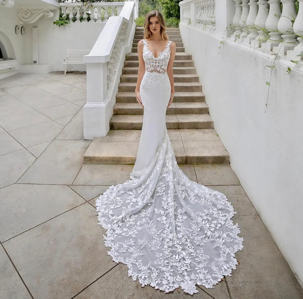 Vestido de novia sirena con cuello en V, sin espalda, Apliques de encaje, tul con lentejuelas, largo hasta el suelo, cola de barrido, precioso vestido de novia personalizado