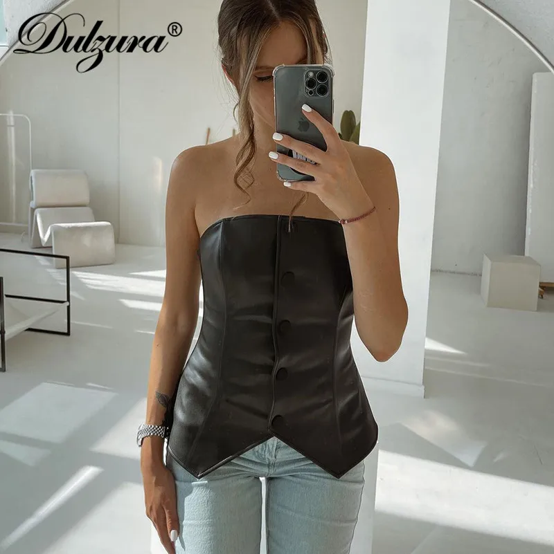 Dulzura Pu Fake Leather Women Tube Tanks Buttons Patchwork Skinny Sexy Streetwear Party Club 2021 Autumn Winter Tops