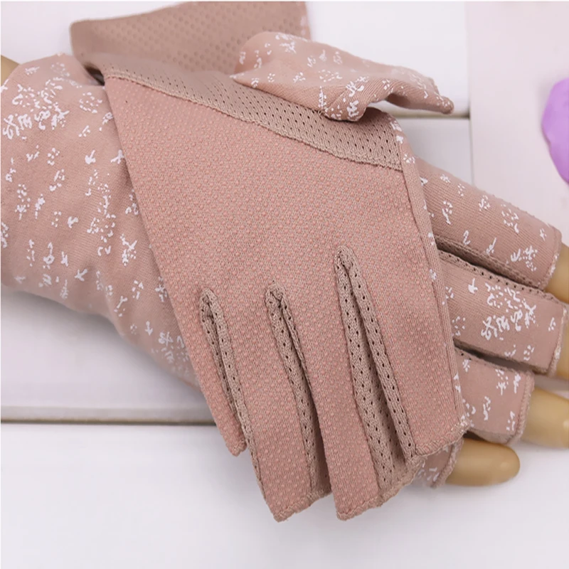 Women Summer Thin Cotton Printing Fingerless Cycling Non-slip Breathable Sunscreen Driving Gloves