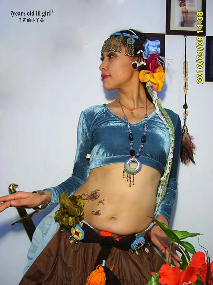 Haut en velours à manches longues pour femme, vêtement de danse du ventre, Tribal, grosse Chance, FA01 06