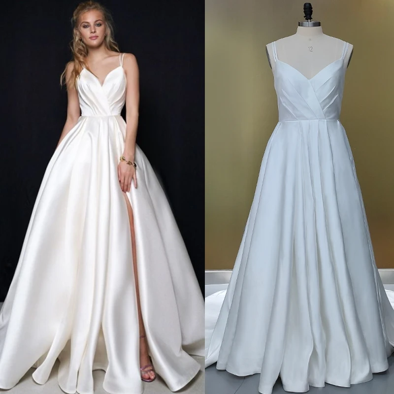 Simple Elegant Wedding Dress Sweetheart Neckline High Side Split Satin Bridal Gowns Sexy Spagetti Straps Brides Dress