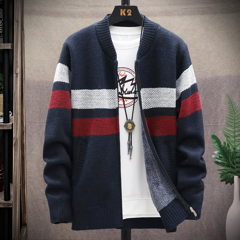 

Cardigan Men New Knit Jackets Coat Men's Autumn Winter Fleece Sweater Zipper Fashion Baseball Collar Stripe Knitting Sweatercoat