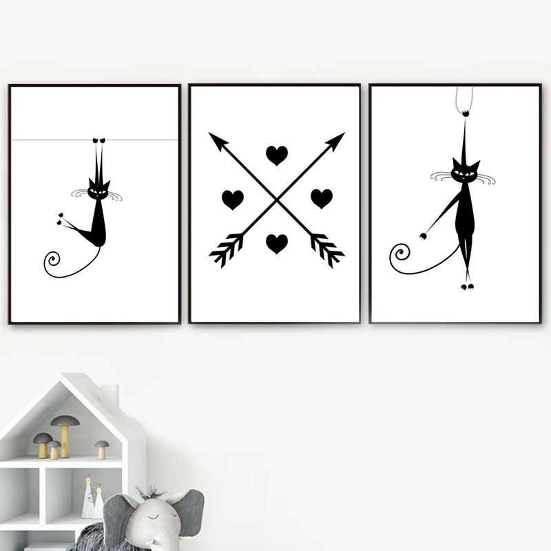Cat Feather Arrow Heart Black White Nordic Poster Hot Sale Modular Prints Pictures Home Decor Paintings Office Canvas Wall Art