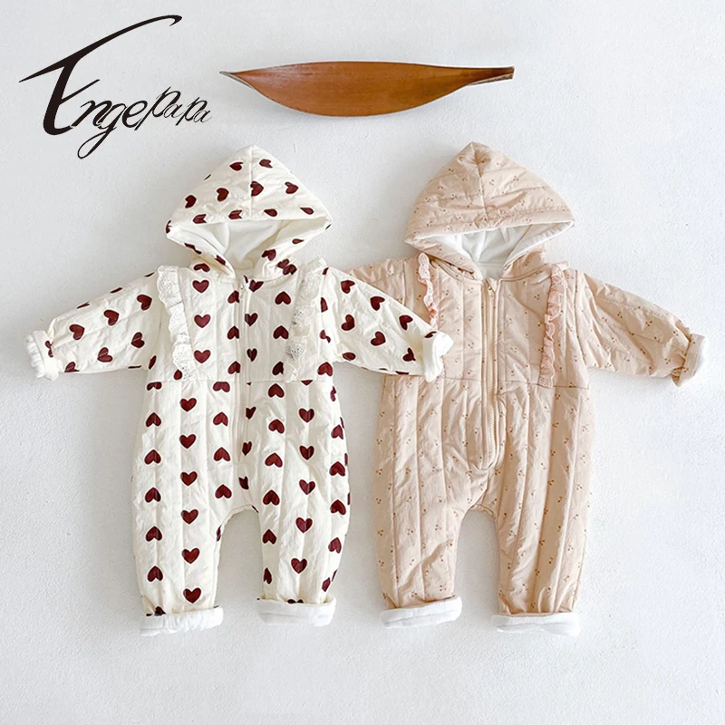 Engepapa Printing Lace Romper Baby Girl Sweet Bodysuit Long Sleeves Cotton Love Printed Winter Thickened Newborn Baby Clothes