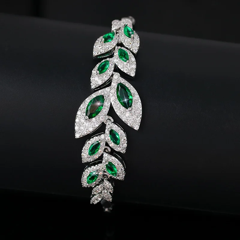 FXLRY High Quality White Color Green Cubic Zirconia Leaf Bracelet For Women Shinning Wedding Jewelry