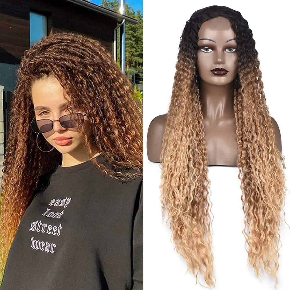 

34inch Synthetic Frontal Lace Wig Water Wave Braiding Hair Wig Synthetic Hair Hawaii Afro Curl Ombre Curly Blonde Wig For Women