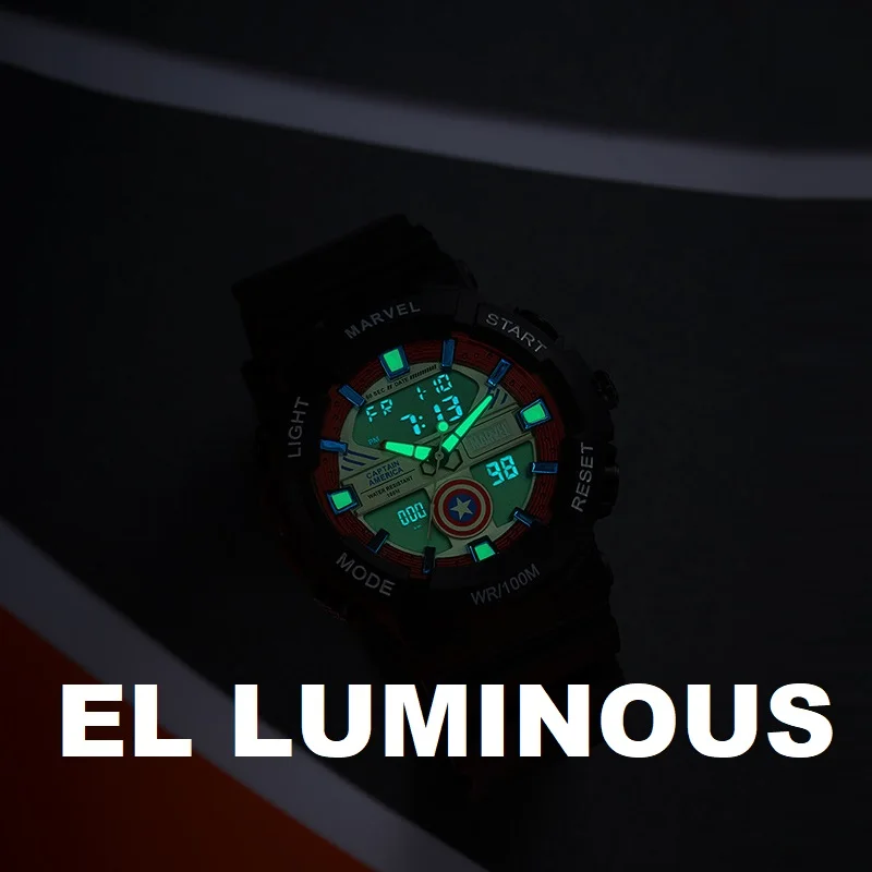 Marvel-Reloj de pulsera deportivo de doble pantalla para niños, cronómetro impermeable de 100M, con pantalla de los vengadores, Capitán América, Spider Man