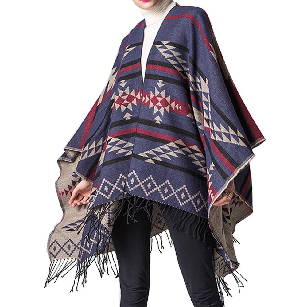 Rhombus Geometric Pattern Cashmere Poncho and Capes Cardigan Fashion Stripes Open Stitch Tassel Cloak