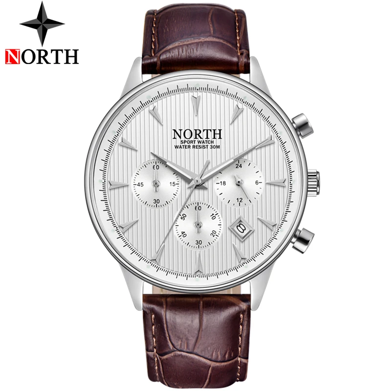 Men Watches NORTH Top Brand Leather Chronograph 30M Waterproof Sport Watch Men Auto Date Quartz Watch for Men Relogio Masculino